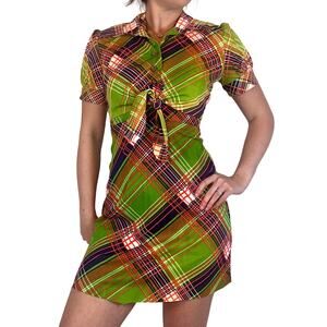 Vintage 1960s 1970s Plaid Halter Dress & Jacket Green Orange Polyester AS IS